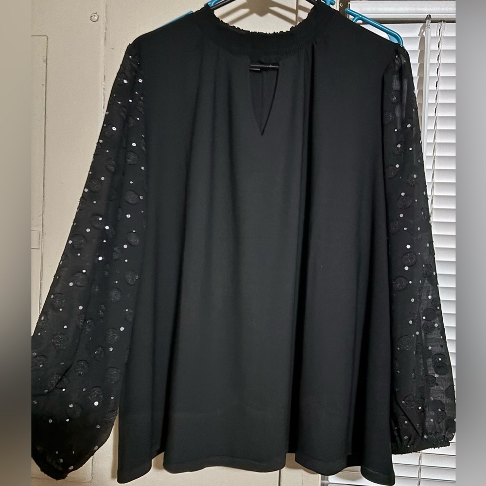 Cato Black Blouse with Sheer Embellished Sleeves